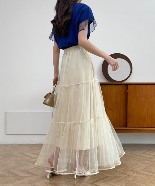 パイピングボリュームチュールティアードロングスカート