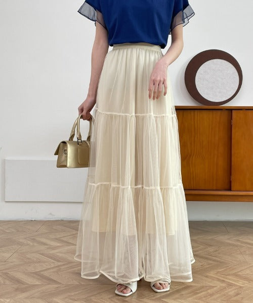 パイピングボリュームチュールティアードロングスカート