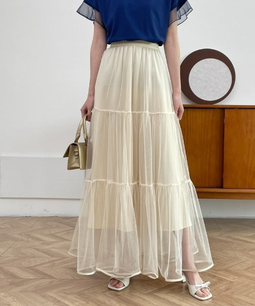 パイピングボリュームチュールティアードロングスカート