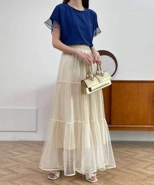 パイピングボリュームチュールティアードロングスカート