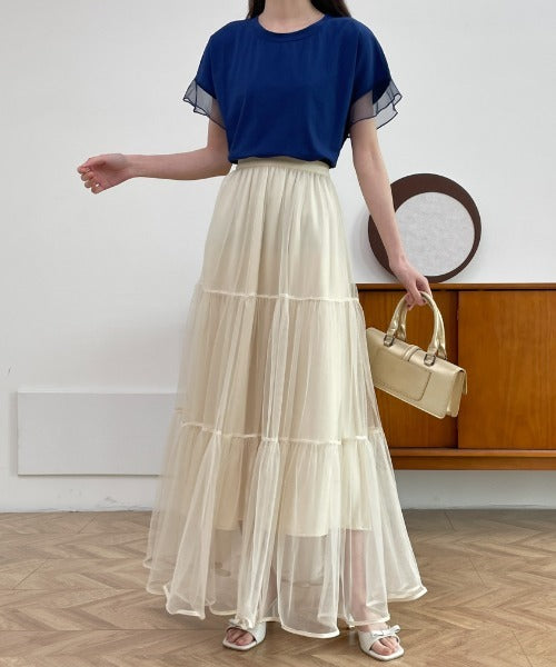 パイピングボリュームチュールティアードロングスカート