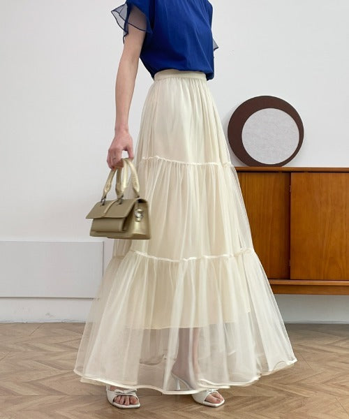 パイピングボリュームチュールティアードロングスカート