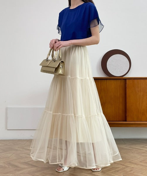 パイピングボリュームチュールティアードロングスカート