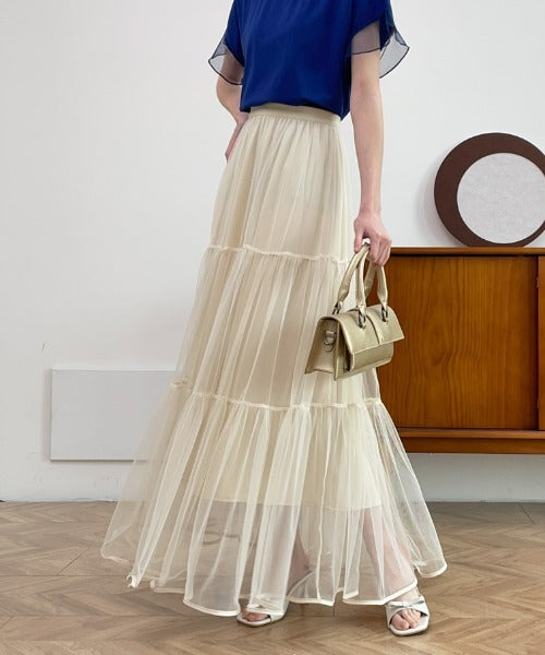 パイピングボリュームチュールティアードロングスカート