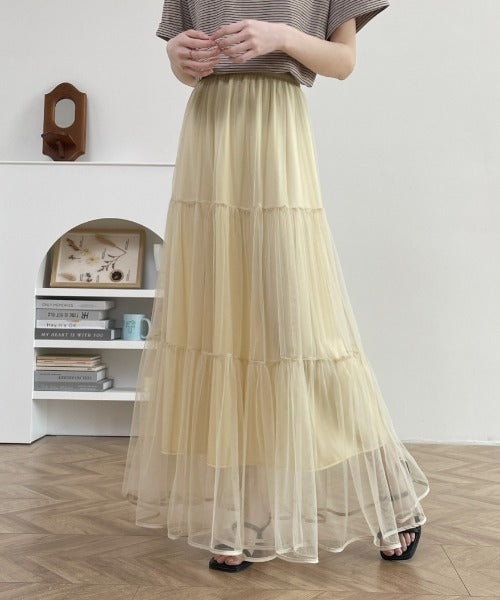 パイピングボリュームチュールティアードロングスカート