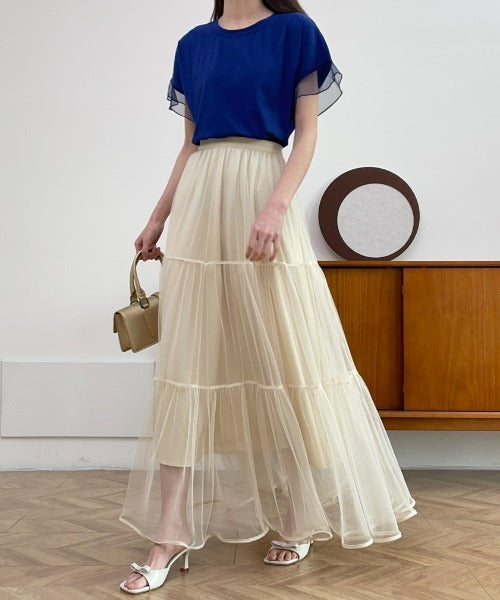 パイピングボリュームチュールティアードロングスカート