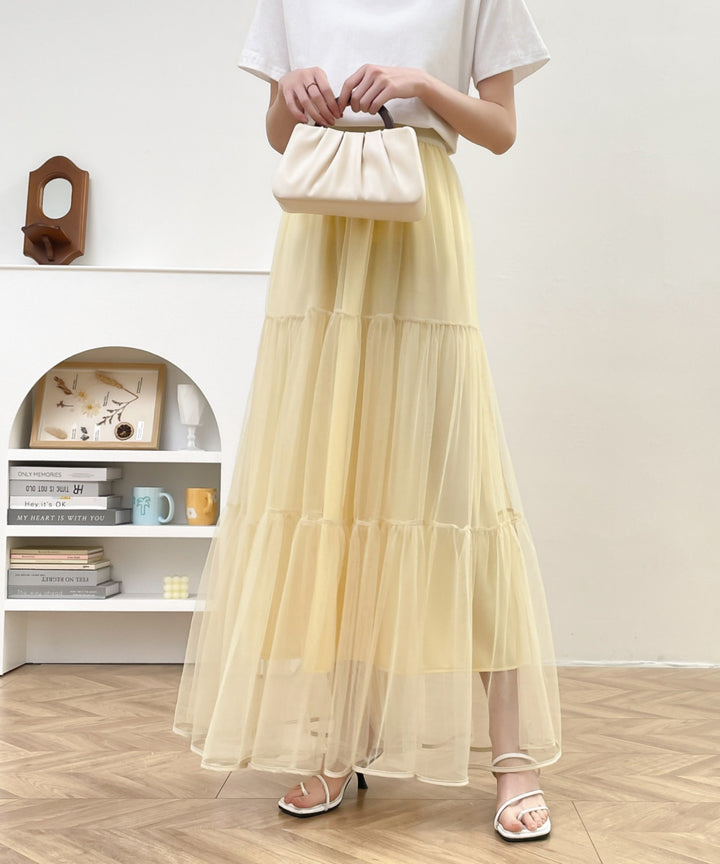 パイピングボリュームチュールティアードロングスカート