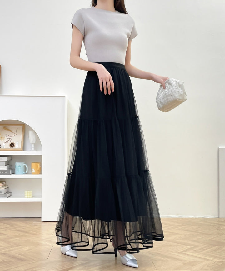 パイピングボリュームチュールティアードロングスカート