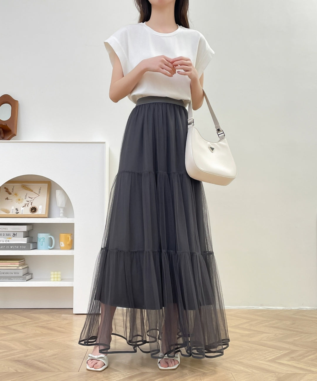 パイピングボリュームチュールティアードロングスカート