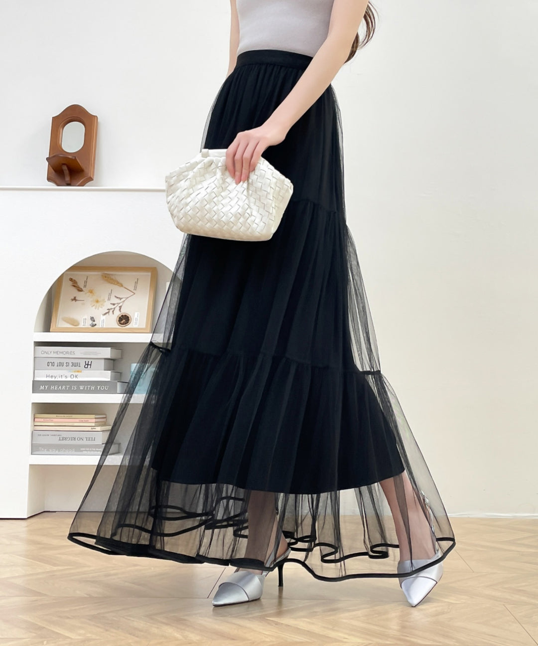 パイピングボリュームチュールティアードロングスカート