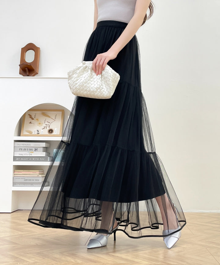 パイピングボリュームチュールティアードロングスカート