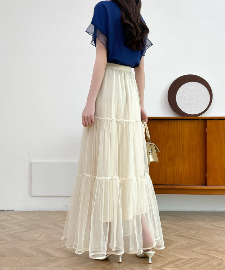 パイピングボリュームチュールティアードロングスカート
