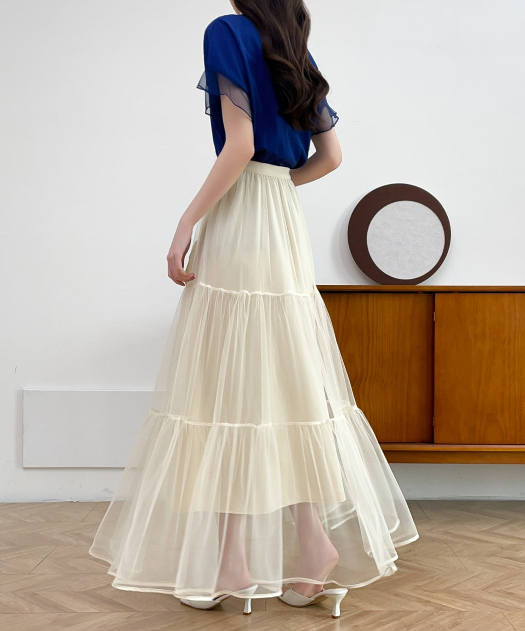 パイピングボリュームチュールティアードロングスカート