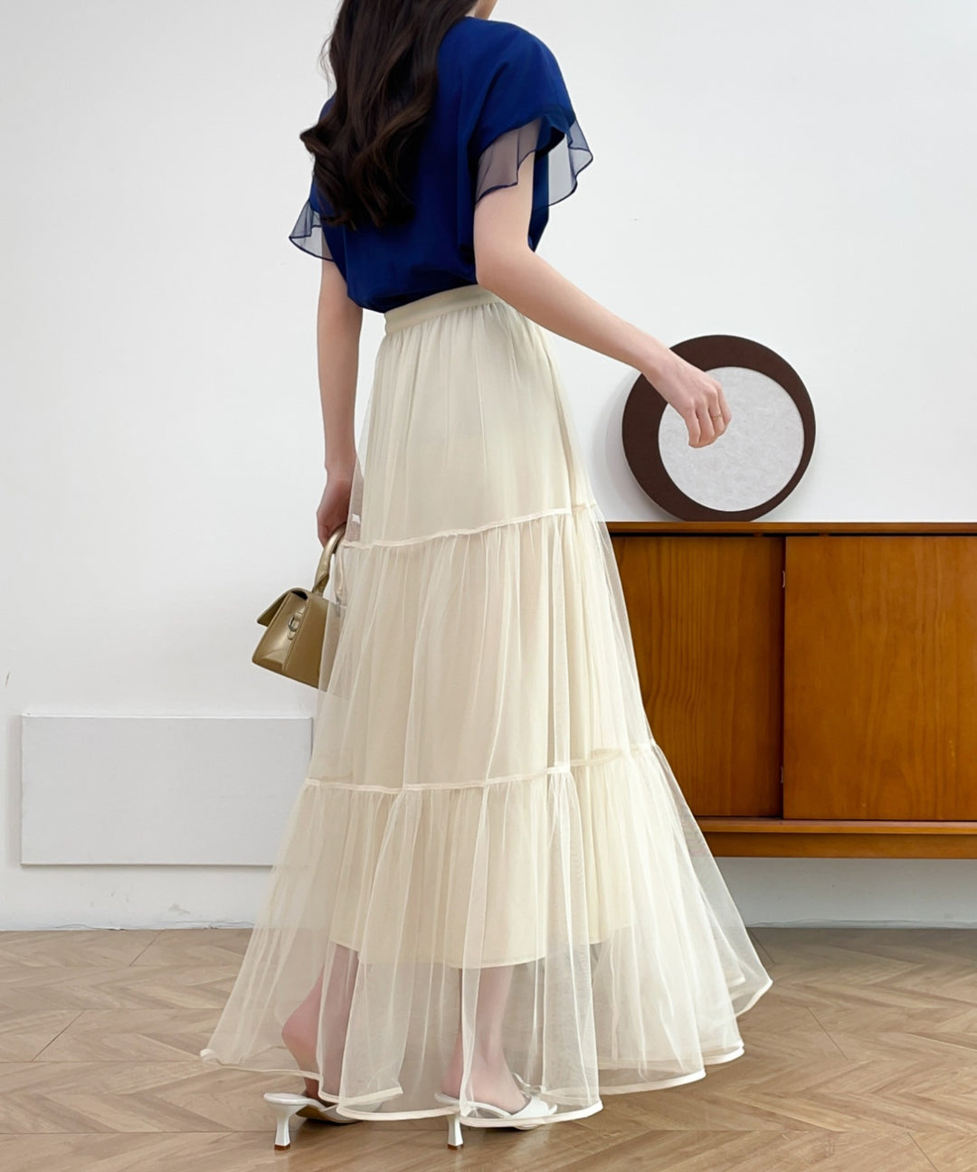 パイピングボリュームチュールティアードロングスカート
