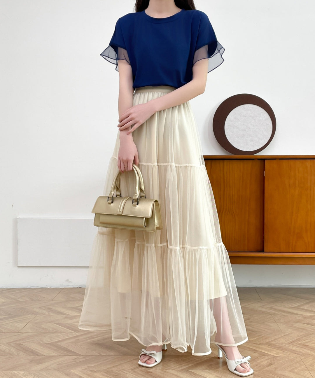 パイピングボリュームチュールティアードロングスカート