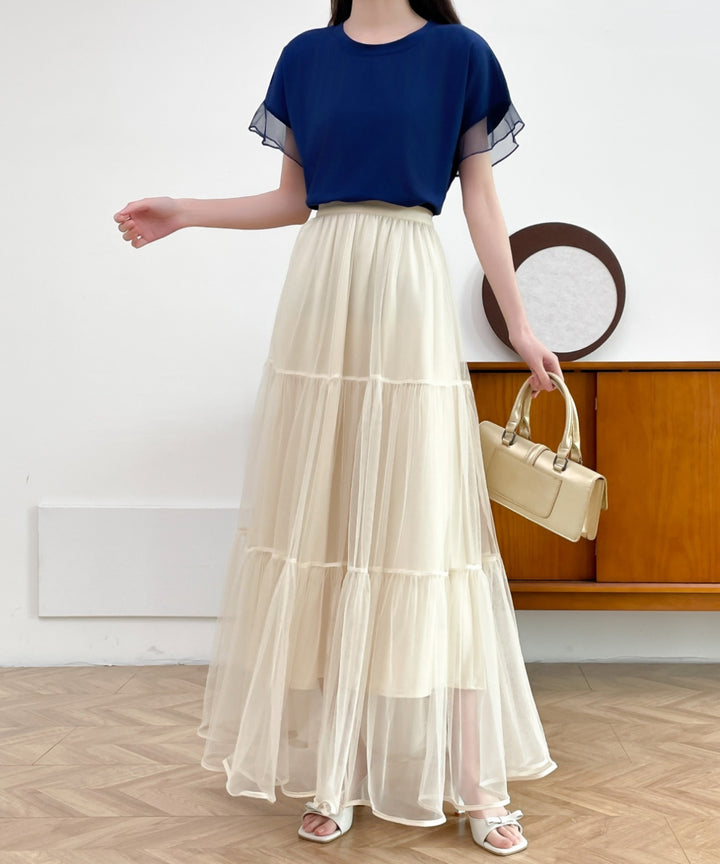 パイピングボリュームチュールティアードロングスカート