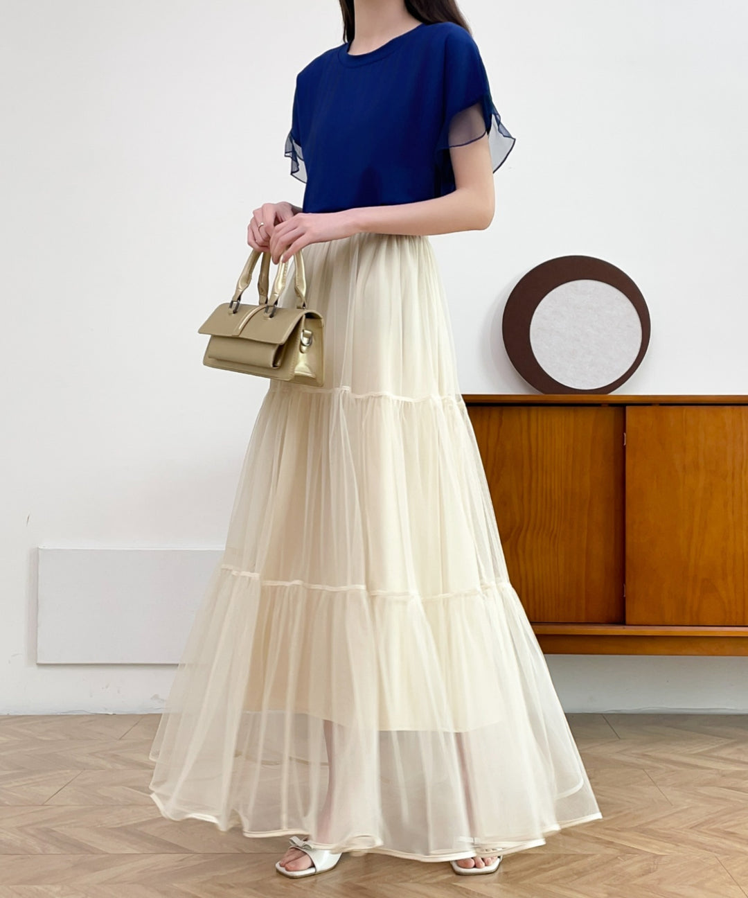 パイピングボリュームチュールティアードロングスカート