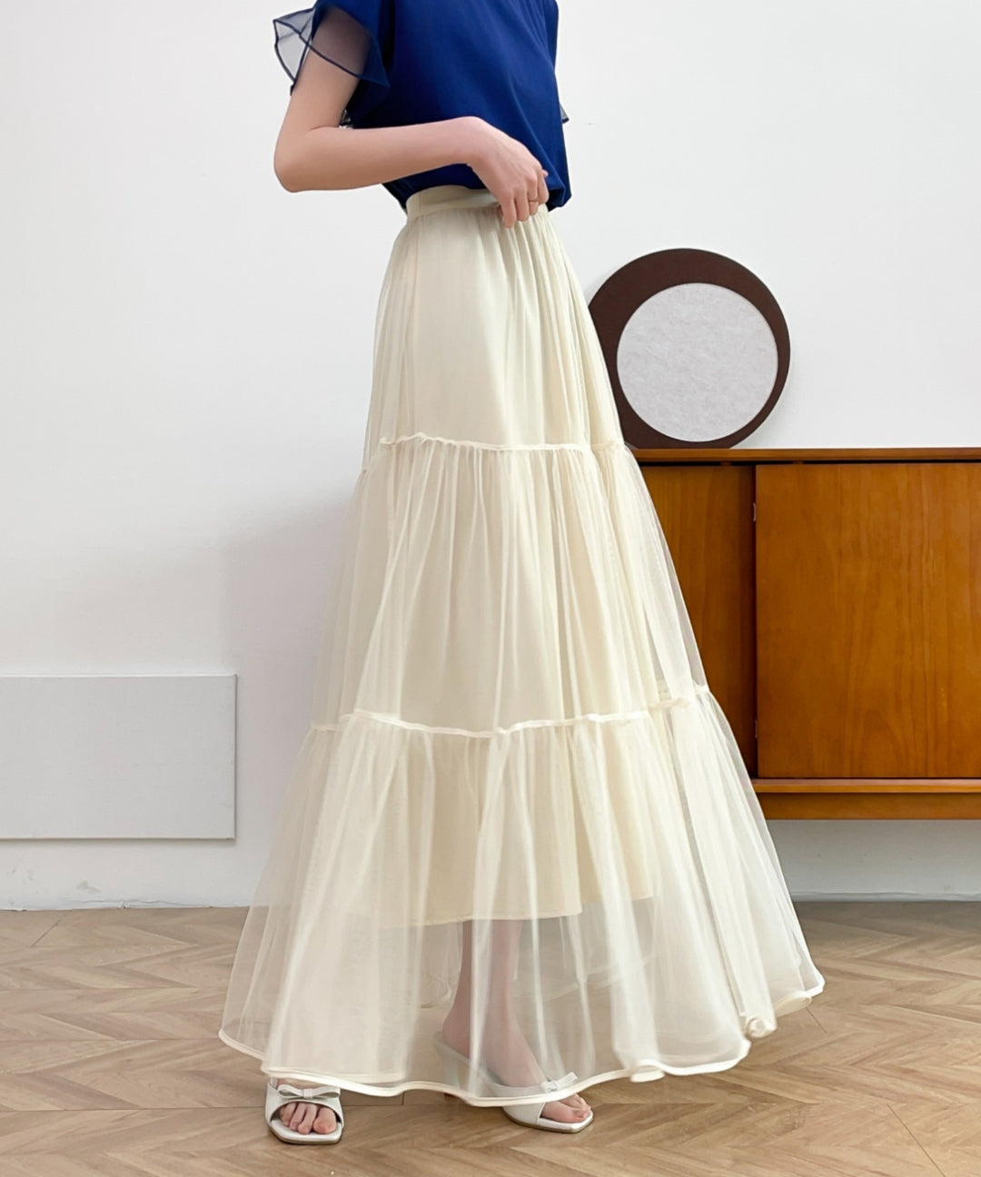 パイピングボリュームチュールティアードロングスカート