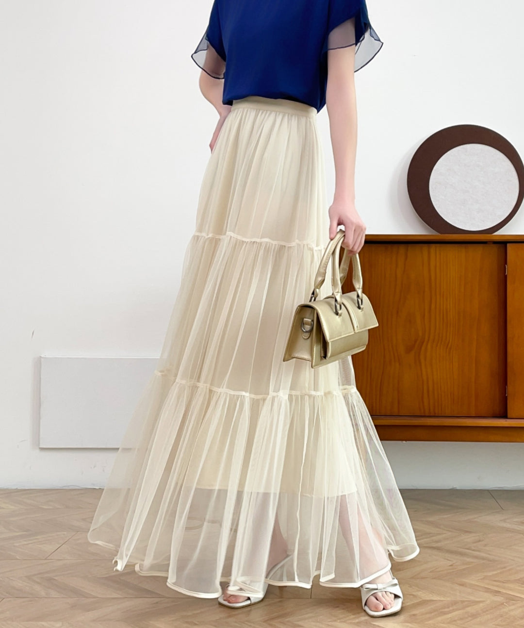 パイピングボリュームチュールティアードロングスカート