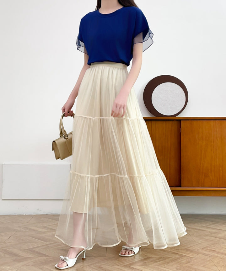 パイピングボリュームチュールティアードロングスカート