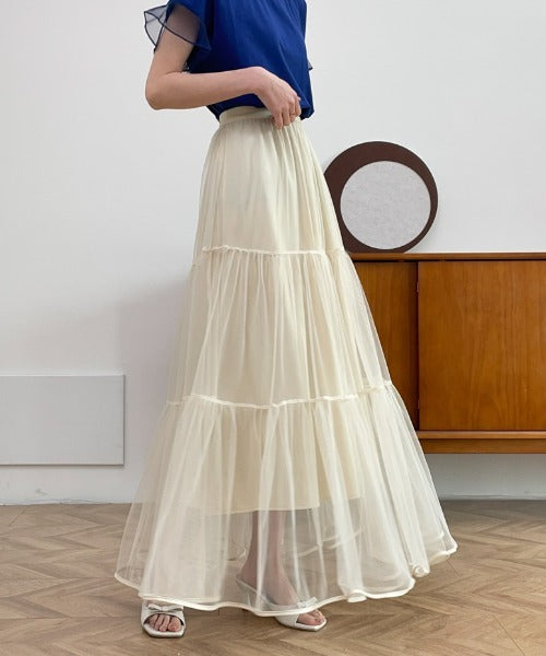 パイピングボリュームチュールティアードロングスカート
