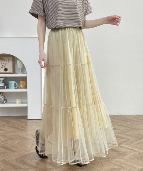 パイピングボリュームチュールティアードロングスカート