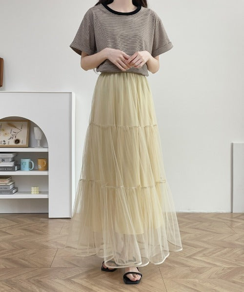 パイピングボリュームチュールティアードロングスカート