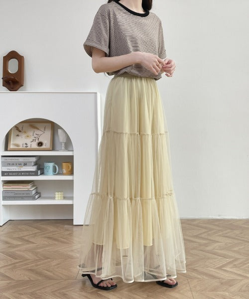 パイピングボリュームチュールティアードロングスカート