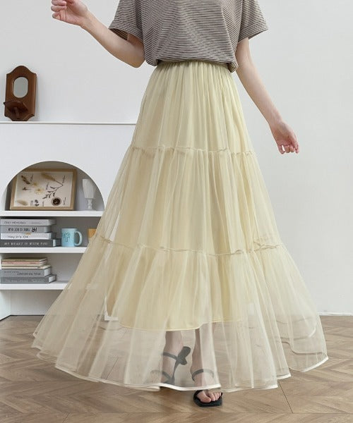 パイピングボリュームチュールティアードロングスカート
