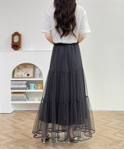 パイピングボリュームチュールティアードロングスカート