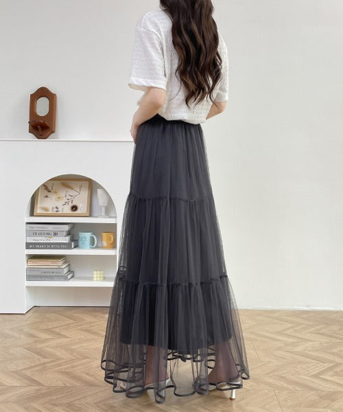 パイピングボリュームチュールティアードロングスカート