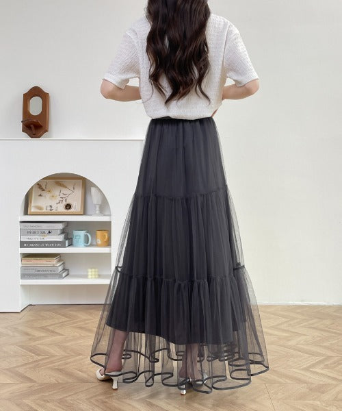 パイピングボリュームチュールティアードロングスカート