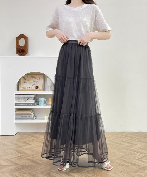 パイピングボリュームチュールティアードロングスカート