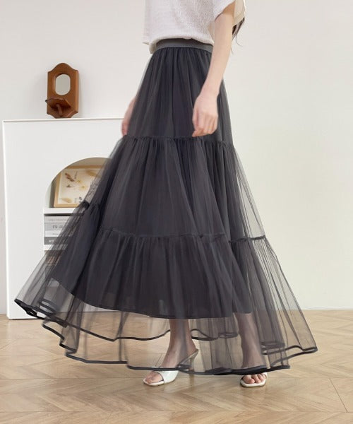 パイピングボリュームチュールティアードロングスカート