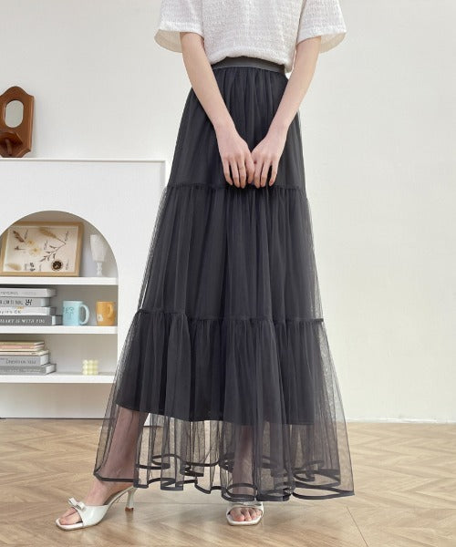 パイピングボリュームチュールティアードロングスカート