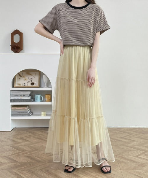 パイピングボリュームチュールティアードロングスカート