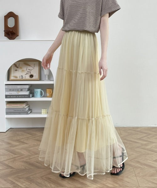 パイピングボリュームチュールティアードロングスカート
