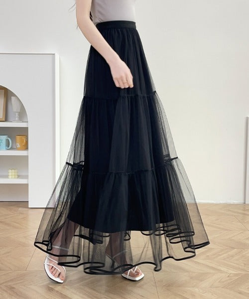 パイピングボリュームチュールティアードロングスカート