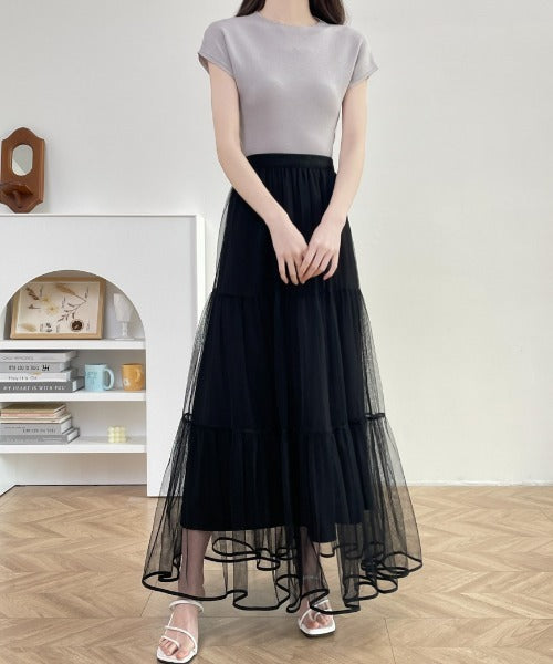 パイピングボリュームチュールティアードロングスカート