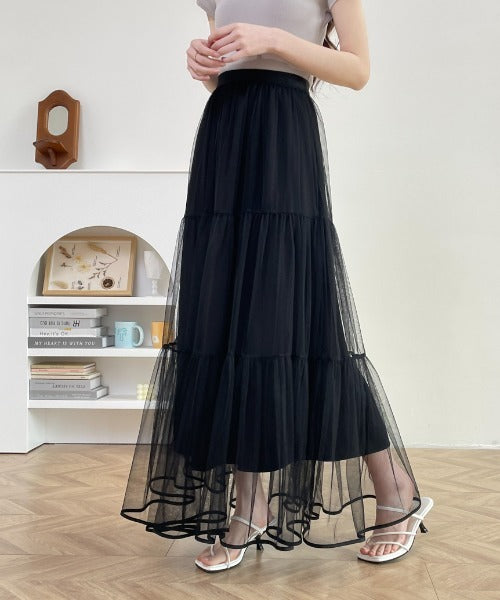 パイピングボリュームチュールティアードロングスカート