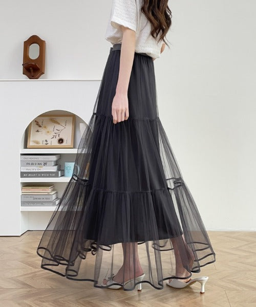 パイピングボリュームチュールティアードロングスカート