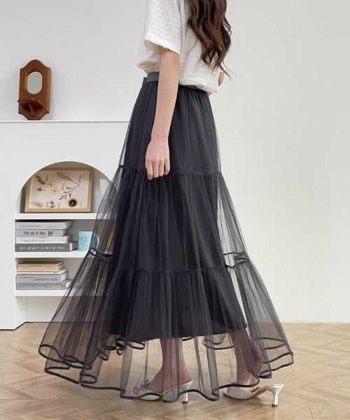 パイピングボリュームチュールティアードロングスカート