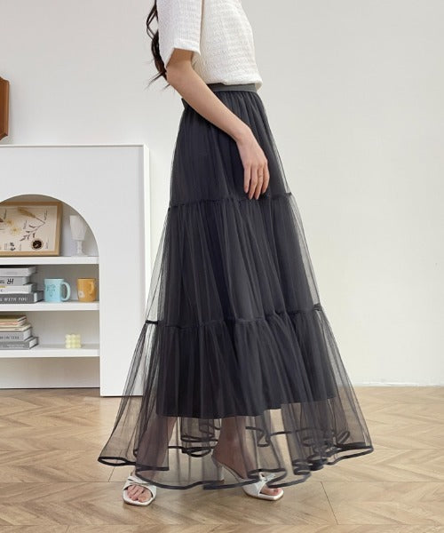 パイピングボリュームチュールティアードロングスカート