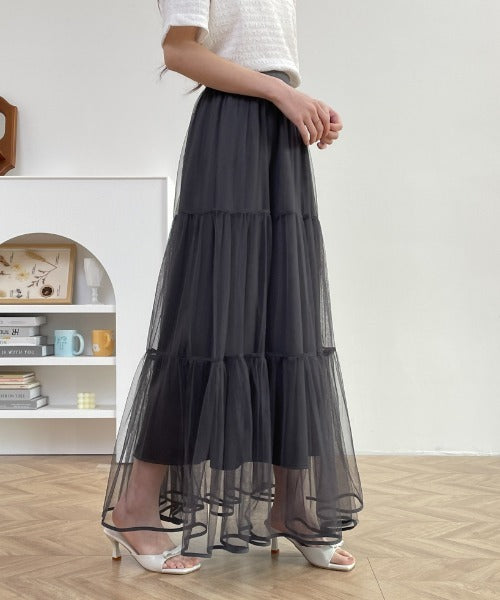 パイピングボリュームチュールティアードロングスカート