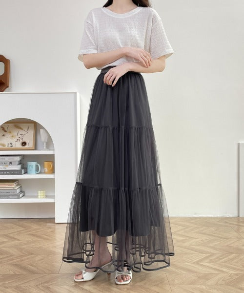 パイピングボリュームチュールティアードロングスカート