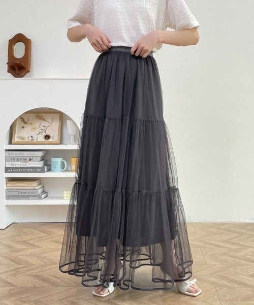 パイピングボリュームチュールティアードロングスカート