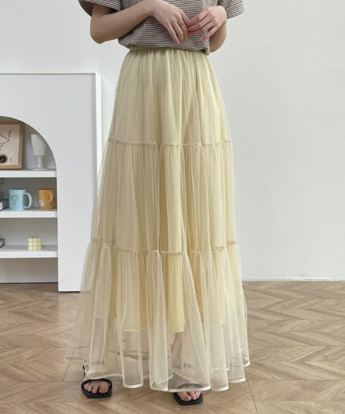 パイピングボリュームチュールティアードロングスカート