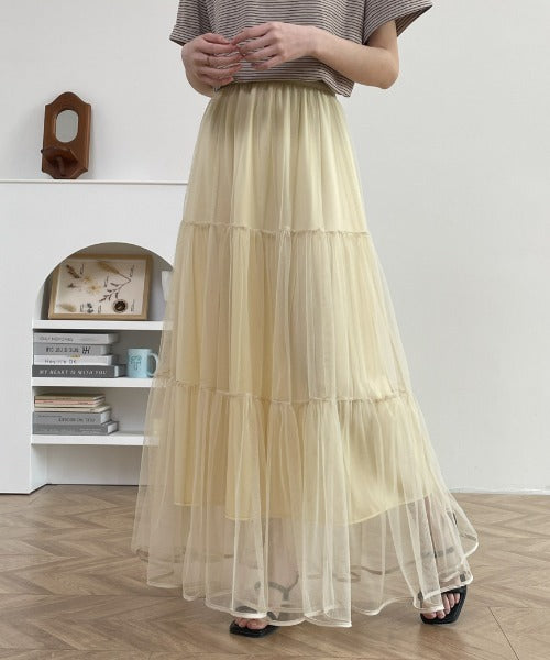 パイピングボリュームチュールティアードロングスカート