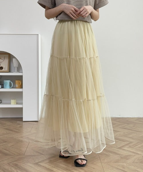 パイピングボリュームチュールティアードロングスカート