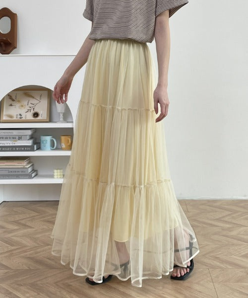 パイピングボリュームチュールティアードロングスカート